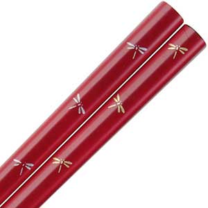 Dragonflies of Gold and Silver on Deep Red Japanese Chopsticks