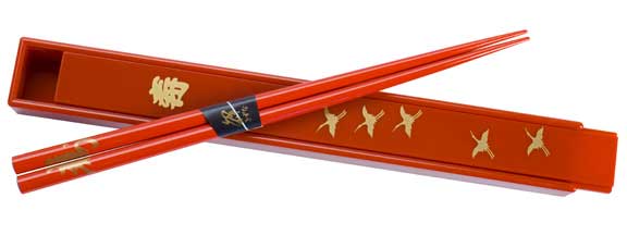 Red Japanese Chopsticks & Box Set with Longevity and Cranes