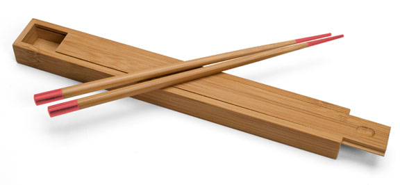 Bamboo Lightly Lacquered Box with Red tipped matching Chopsticks