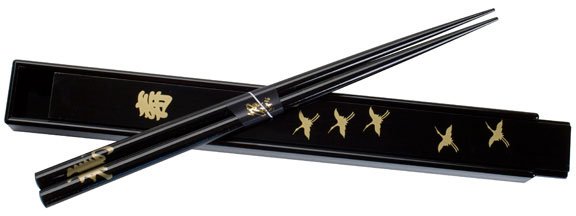 Black Japanese Chopsticks and Box Set with Longevity and Cranes