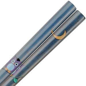 Blue Owl and Moon Japanese Wood Chopsticks