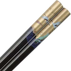 Cranes and Ocean Over Gold on Black Japanese Style Chopsticks