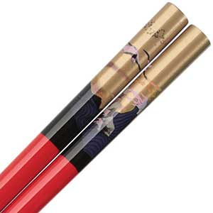Cranes and Ocean Over Gold on Red Japanese Style Chopsticks