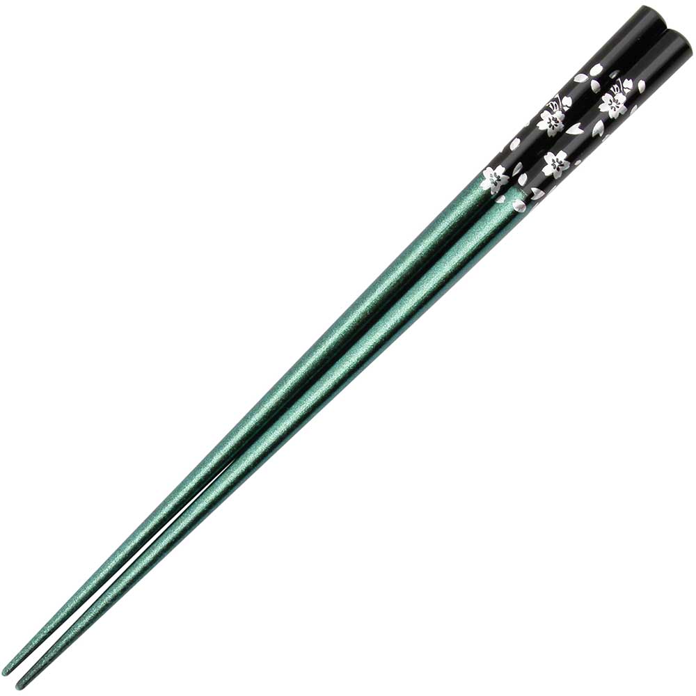 Flowers of Foil on Black over Green Glitter Chopsticks