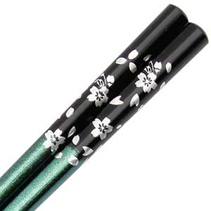 Flowers of Foil on Black over Green Glitter Chopsticks