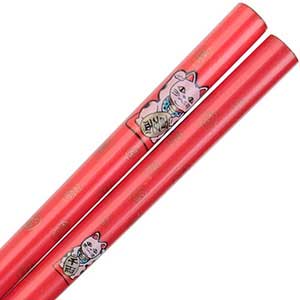 Maneki Neko Lucky Cat on Red Japanese Style Chopsticks